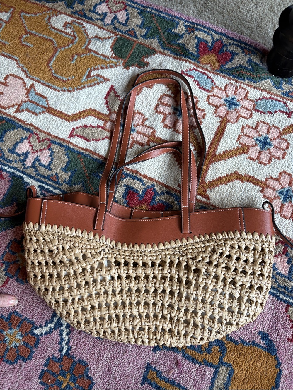 Woven Straw Tote Bag with Brown Leather Trim